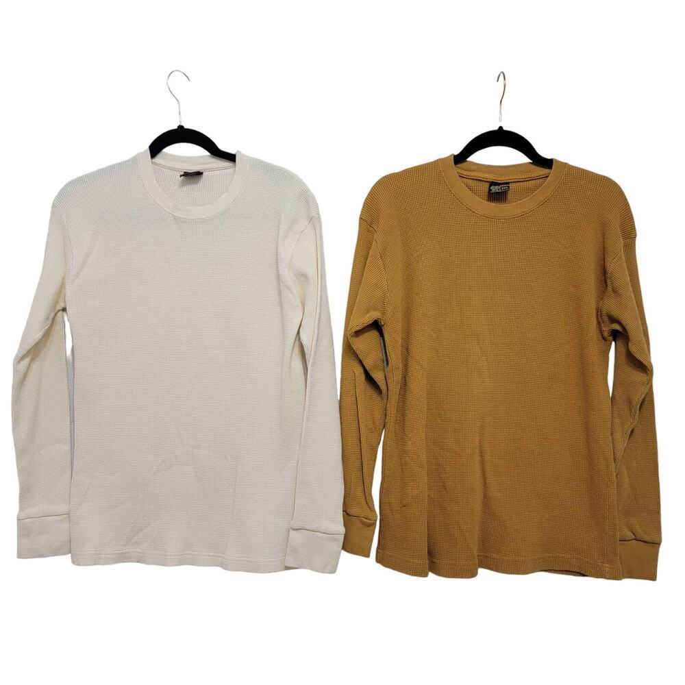 Longsleeve Thermal Tops Set of 2 VTG SunTee 2X Cotton Mustard Yellow Cream 564